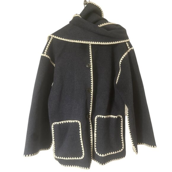 Embroidered Scarf Jacket Dark Grey Wool Size 0 Crochet Fringe Oversized Boho - Picture 3 of 9